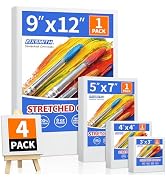 FIXSMITH Stretched Canvas for Painting, 3"x3", 4"x4", 5"x7", 9"x12", Pack of 4, Pre-Primed Canvas...