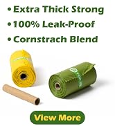 Text reads 'Extra Thick Strong', '100% Leak-Proof', 'Cornstarch Blend', 'View More'. Yellow and green compostable trash bags displayed with wooden dowel, highlighting eco-friendly features.