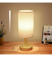 Small Corded Touch Bedside Table Lamp with Stepless Dimming, Natural Round Wood Base & Linen Fabr...