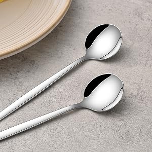 Series of close-up photographs showing stainless steel spoons on textured gray surface, demonstrating various angles and reflective properties.