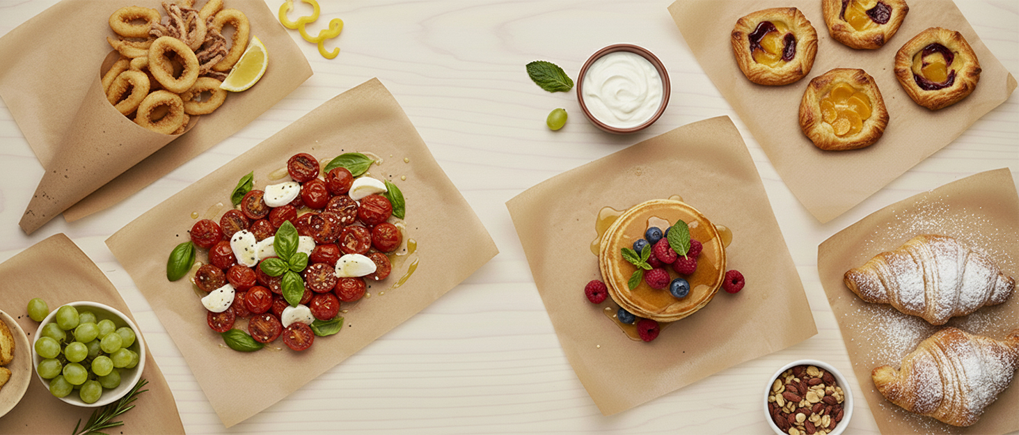 Overhead view of an elegant food spread featuring various appetizers, snacks and desserts arranged on white serving plates.