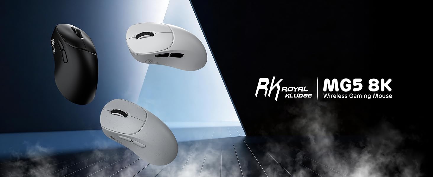 Text reads 'MG5 8K'. Dark promotional image with atmospheric smoke effects, showing technical or gaming-related product details.