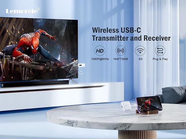 Lencere wireless USB-C transmitter and receiver for TVs, supporting 1080P@60Hz, 164FT/50M range, 5G, and plug & play functionality. Displayed with TV showing Spider-Man image.