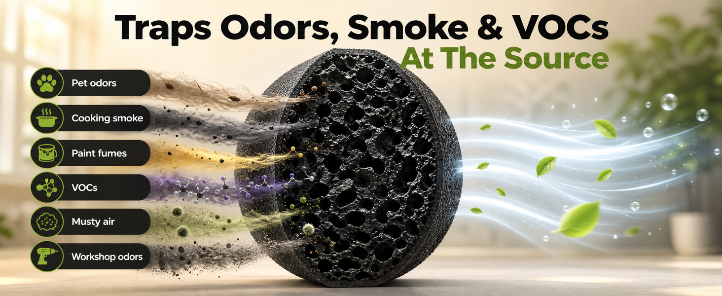 Close-up of VALORA coconut carbon filter trapping pet odors, smoke, paint fumes and VOCs.