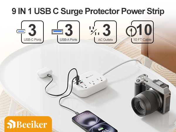 6 usb surge protector power strip with 10ft extension cord
