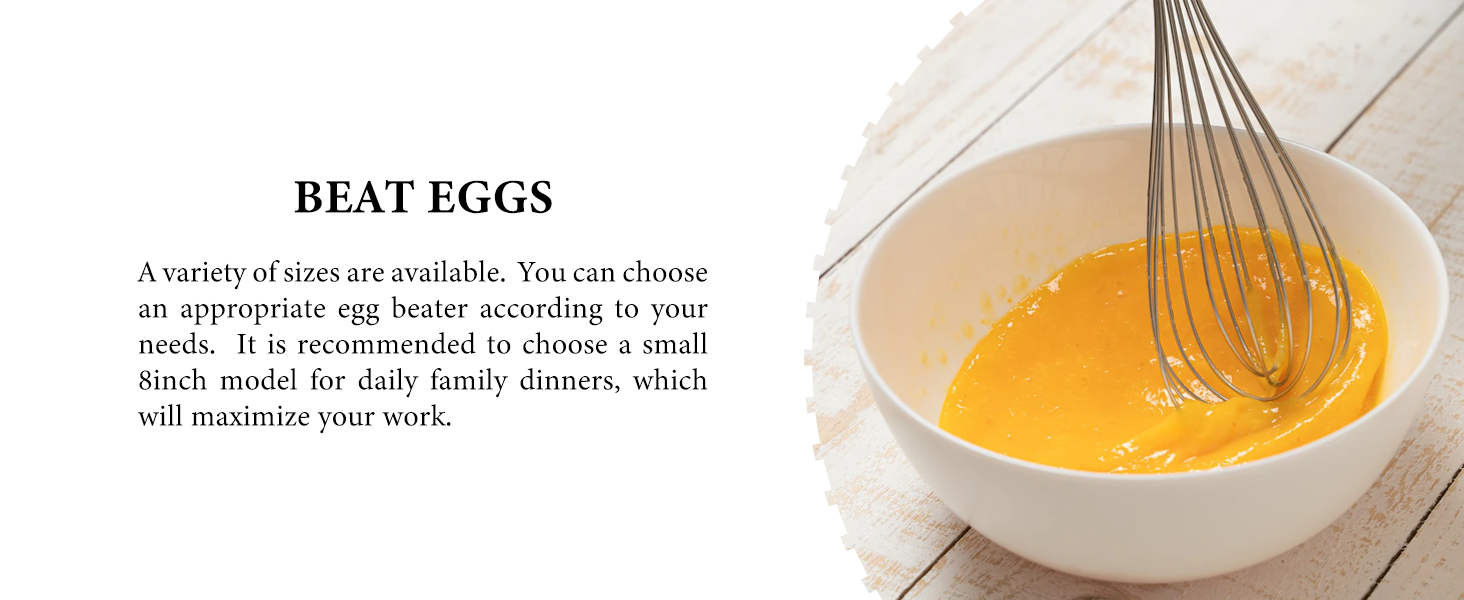 Text reads 'BEAT EGGS'. Cooking demonstration showing whisk beating yellow eggs in a white bowl against light background.