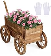 Giantex Wood Wagon Planter, Rustic Rolling Flower Pot Stand with Wheels, Handle & Drainage Hole f...