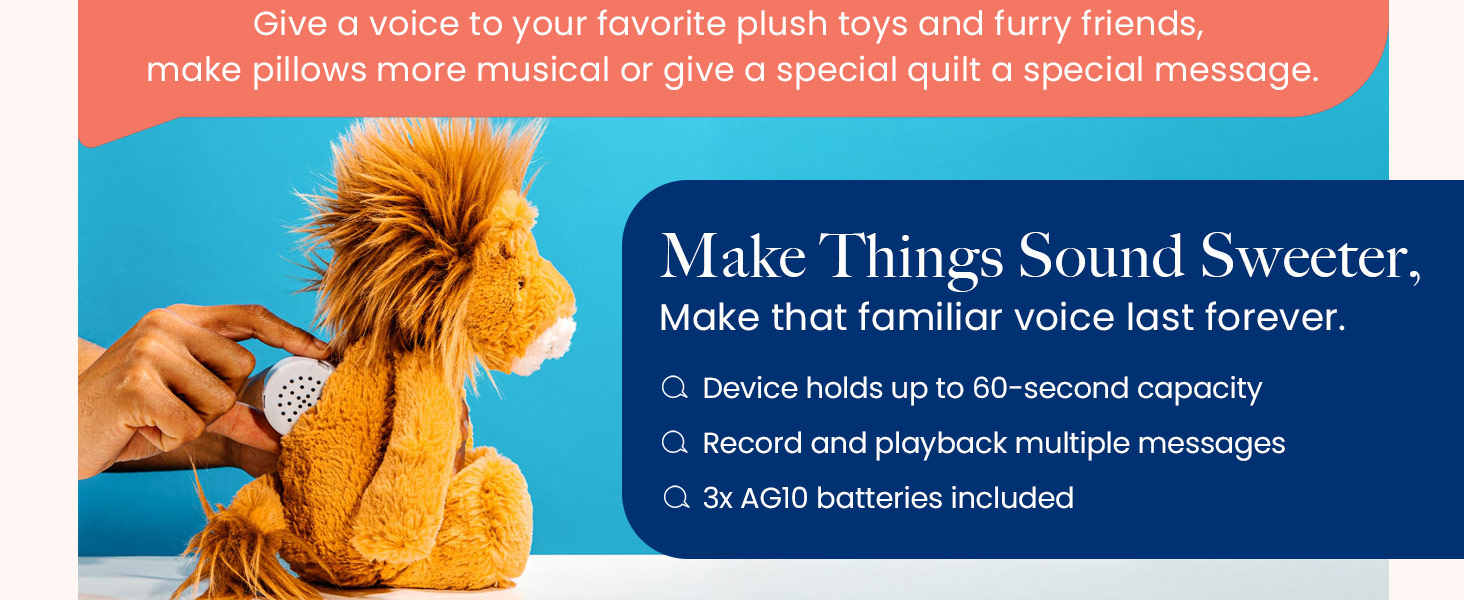 Toys, mini me, plush toys, pillows, recorder, messages, audio recorder, sound