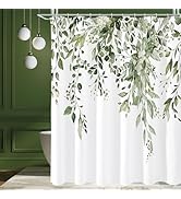 Gibelle Olive Green Eucalyptus Shower Curtain, Watercolor Plant Leaves with Floral Bathroom Showe...
