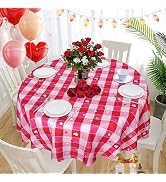SARAFLORA Valentine's Day Checkered Fabric Round Tablecloth- 60 Inch-Polyester Heart Pattern Tabl...