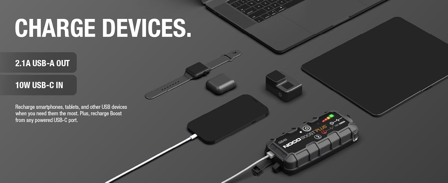 Charge devices. 2.1A USB in and out charging for any mobile devices.