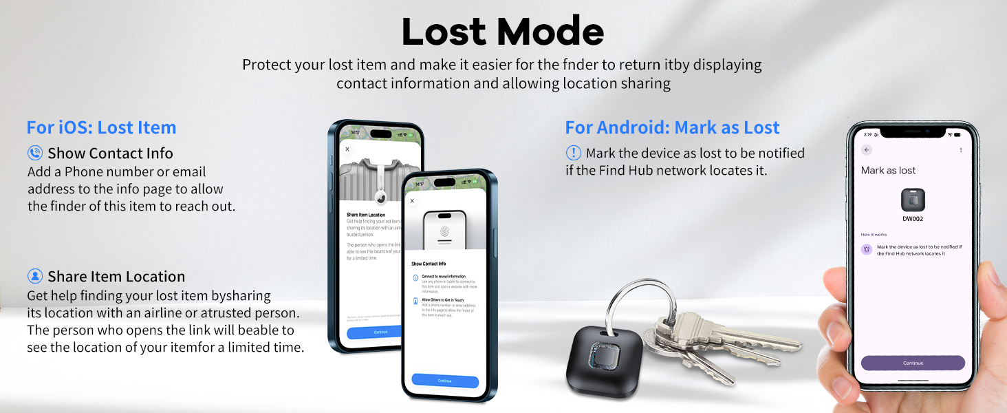 Text reads 'Lost mode'. Mobile app interface screenshots showing lost mode features and device tracking functionality with smartphone and key illustrations.