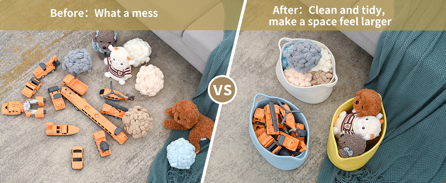 Before and after comparison showing a messy floor with toys vs a tidy space with cotton rope basket