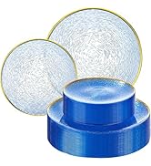 Liacere 60Pcs Blue Plastic Plates - Blue Disposable Plates With Gold Rim, Heavy-duty Gold Plates,...