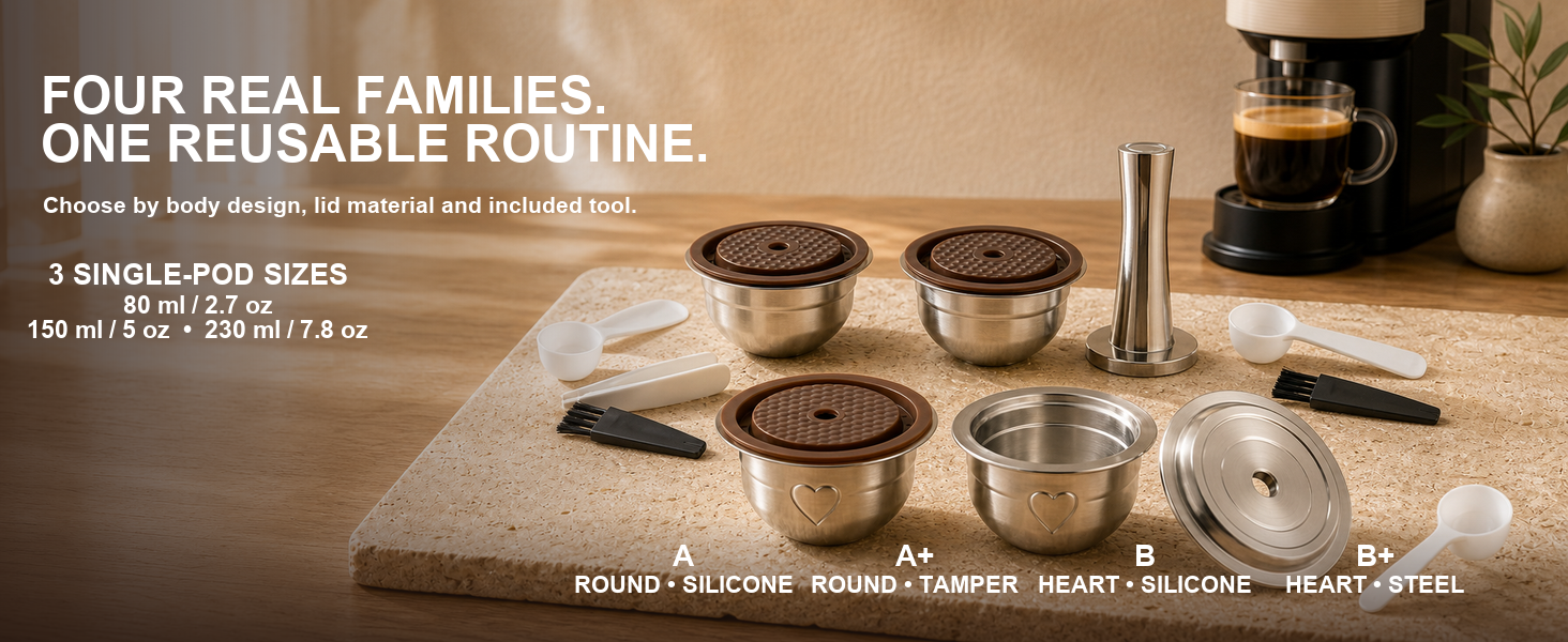 Four Series Stainless Steel Resuable Pods. Choose by body design, lid material and included tool.
