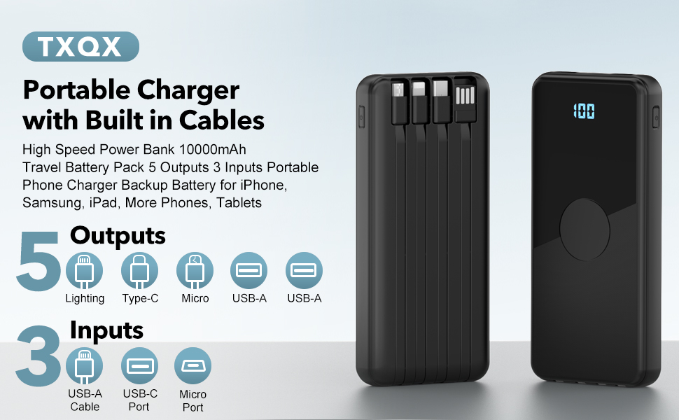 TXQX Portable Charger with built in cables