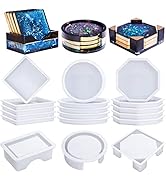 Set of coasters with galaxy-themed designs and white silicone molds. Top row shows finished coasters in square, round, and octagonal shapes with gold-trimmed holders. Bottom rows display corresponding white molds.