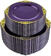 Joyido 102PCS Purple and Gold Plastic Plates - High End Purple Disposable Plate - Vintage Dinner ...