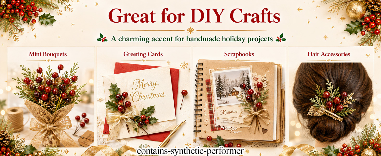 Red Holly Berries for Crafts, Fake Berries for Christmas Wreaths,