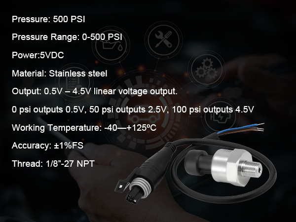 AULINK 500 PSI Pressure Transducer Sender Sensor with 1/8" -27 NPT 316 Stainless Steel Thread