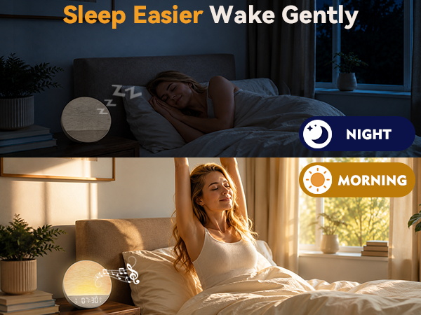 Sun rise alarm clock with display-off mode for a dark room at night and gentle morning wake up.