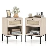 Giantex Rattan Nightstands with Drawer Set of 2, Boho Side Tables with 4 Metal Legs and Open Stor...