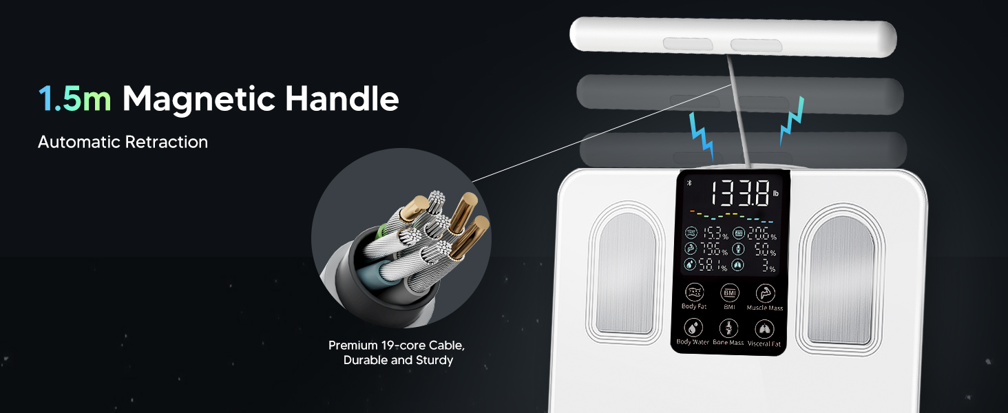 59in/1.5m magnetic retractable handle with durable 19-core cable for easy storage