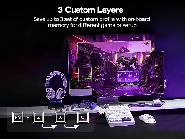 Text reads: '3 Custom Layers' and 'Save up to 3 sets of custom profile with on-board memory for different gaming genre or setup.' Gaming setup with purple lighting showing layered display screens and gaming peripherals.