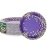 CENLBJ Purple & Gold Dots Party Paper Plates, 50 PCS Disposable Party Supplies Dessert Paper Plat...