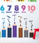 Text shows numbers '6 7 8 9 10' with corresponding colored bars below in blue, purple, brown, pink and red, each with a small hanging figure illustration.