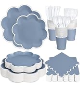 350 Pcs Dusty Blue and White Paper Plates and Napkins Set, 10" Blue Dinner Plates with White Scal...