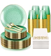 Pryntono 350PCS Green Gold Plastic Dinnerware Set, Green and Gold Plastic Plates, Include 100 Pla...