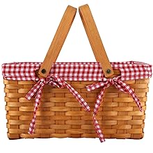 Picnic Basket Natural Woven Woodchip Basket with Double Folding Handles with Gingham Fabric
