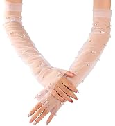 YAEISM Pearl Wedding Gloves White Bridal Gloves Sheer Silk Tulle Gloves Long Detachable Sleeves f...