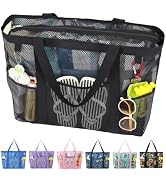 Fammart Mesh Beach Bag with Zipper, Large Beach Tote for Women, Toys Pool Swim Bag Travel Vacatio...