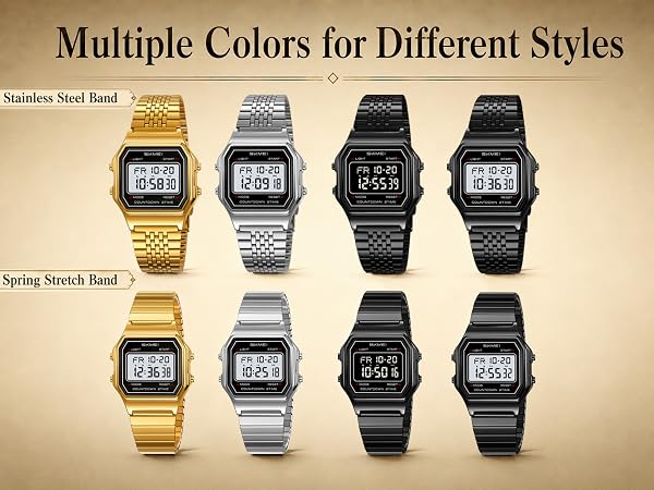 Retro LCD watch collection in multiple colors with metal and elastic bracelet styles