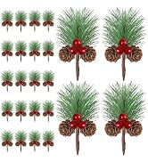 24 Pcs Pine Cones with Red Berry Stems for Christmas Wreath, Artificial Pine Cones for Decorating...