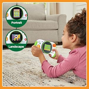 Kid plays Leapster Ultra. Insets show Portrait & Landscape views.
