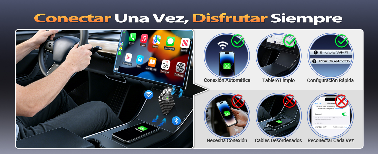 Wireless CarPlay adapter supports auto connection, quick setup, and a clean dashboard