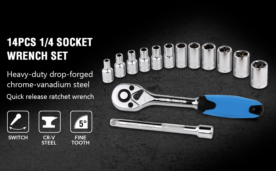 PTSTEL 14 Pieces Socket Wrench Kit, 1/4” Drive Socket Set with 72 Teeth