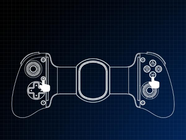 White line drawing on dark blue background showing a video game controller layout with symmetrical left and right halves featuring buttons, triggers, and central directional pad.