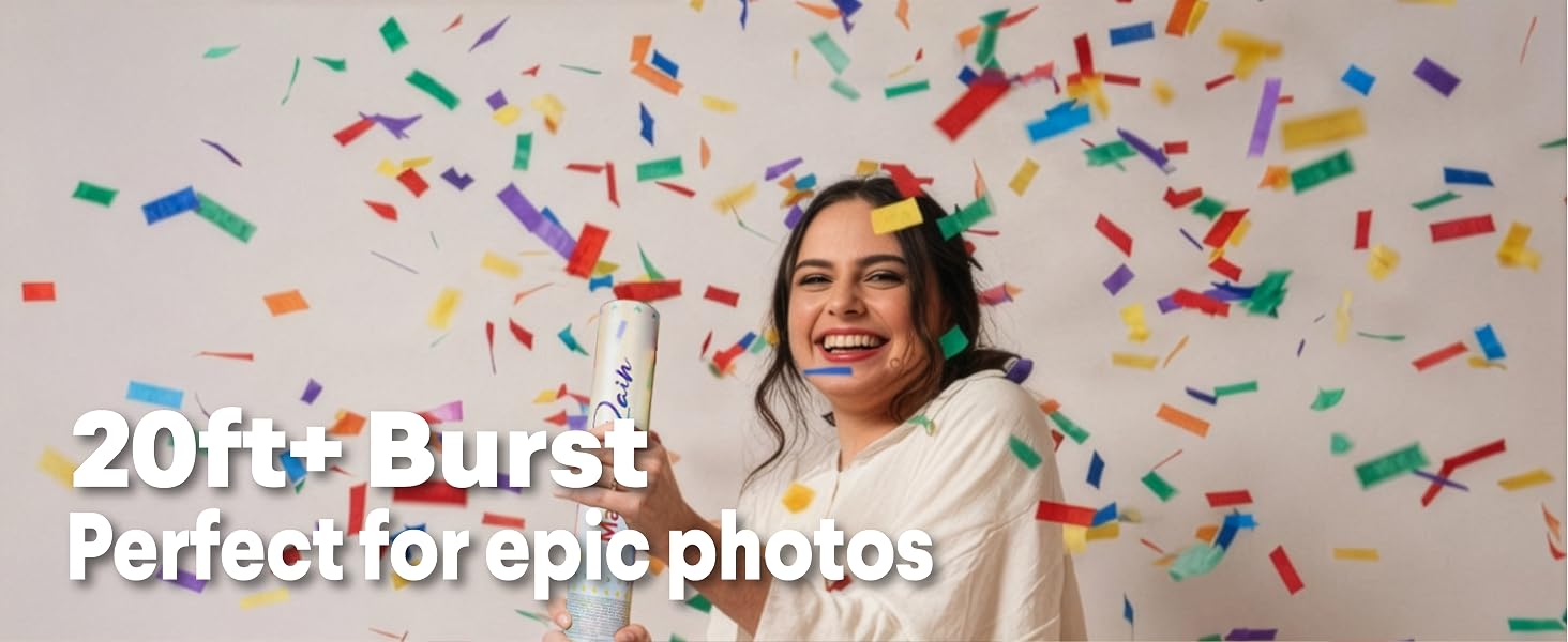 Smiling woman holding confetti cannon with massive colorful 20ft+ burst perfect for epic photos