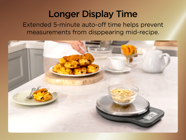 Kitchen scale with extended 5-minute auto-off function to keep weight readings visible during baking