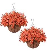Hananona 24 Pcs Artficial Outdoor Flowers with Hanging Baskets, Orange Fall mums 2 Pack Hanging P...
