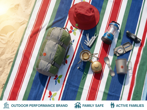Camping gear flatlay with mosquito patches on sleeping bag and hat, lantern, compass, and cookware