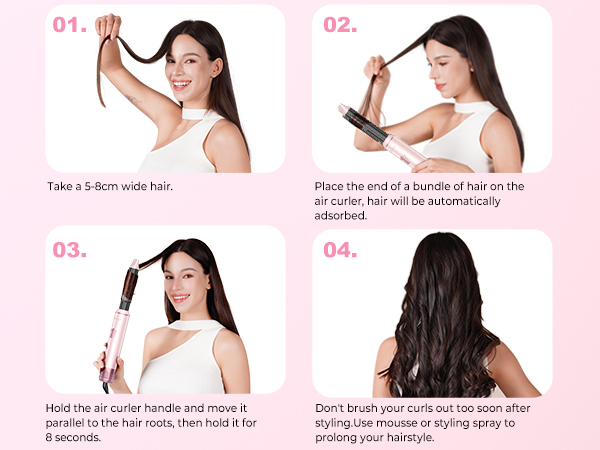 Text reads '01. Take a 5-10cm wide lock, 02. Place the end of a bundle of hair on the measuring tool, 03. Hold the un combed bundle and move, 04. Don't knotty and drying tips too much.' Instructional diagram showing hair measuring steps.