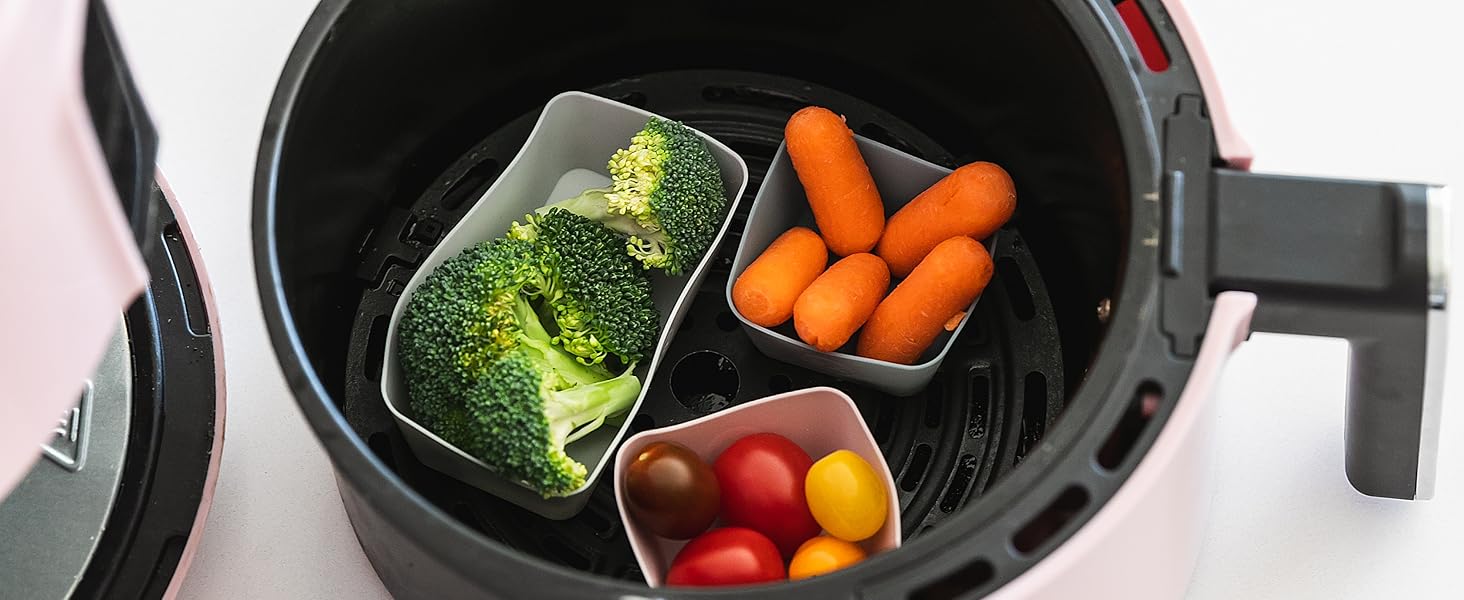 Rectangle and square baking cups in an air fryer with vegetables