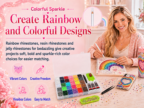 Rainbow rhinestones, resin rhinestones and jelly rhinestones for bedazzling colorful designs