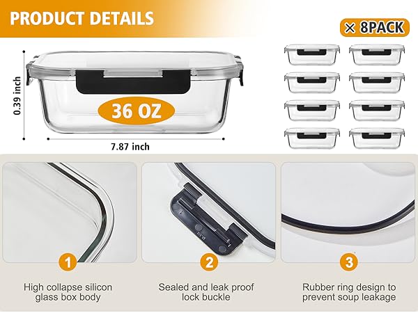 8 Pack 32OZ Glass Food Storage Containers with Lids