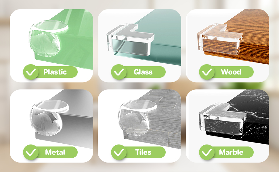 Grid showing protective corner guards on different surfaces: plastic, glass, wood, metal, tiles, and marble, each labeled with material type and checkmark.